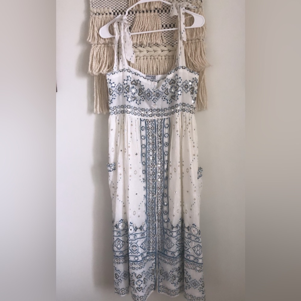 Juliet Dunn Nomad Midi Palladio Mirror Embellished Tie Shoulder Dress